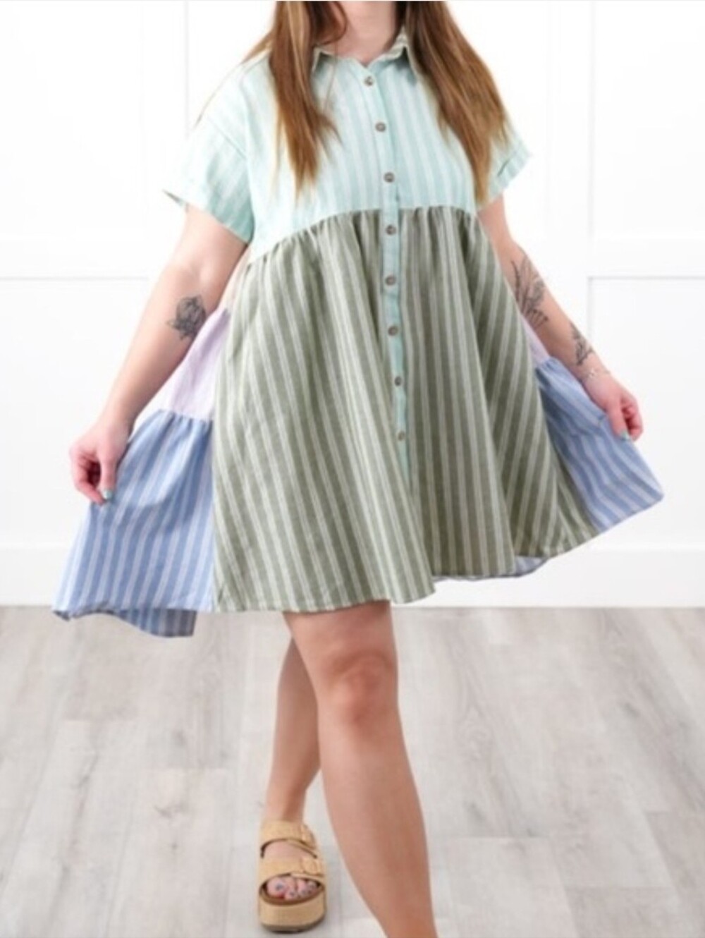 Oli & Hali Striped Button Down Multicolor Patchwork Dress